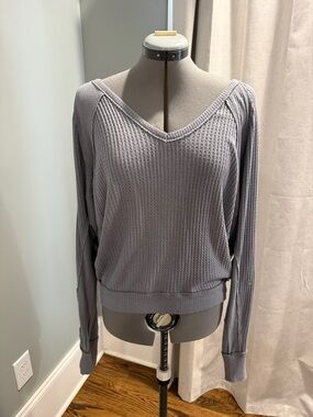 Free People Waffle Knit V-Neck Pullover Sweater - Light Gray